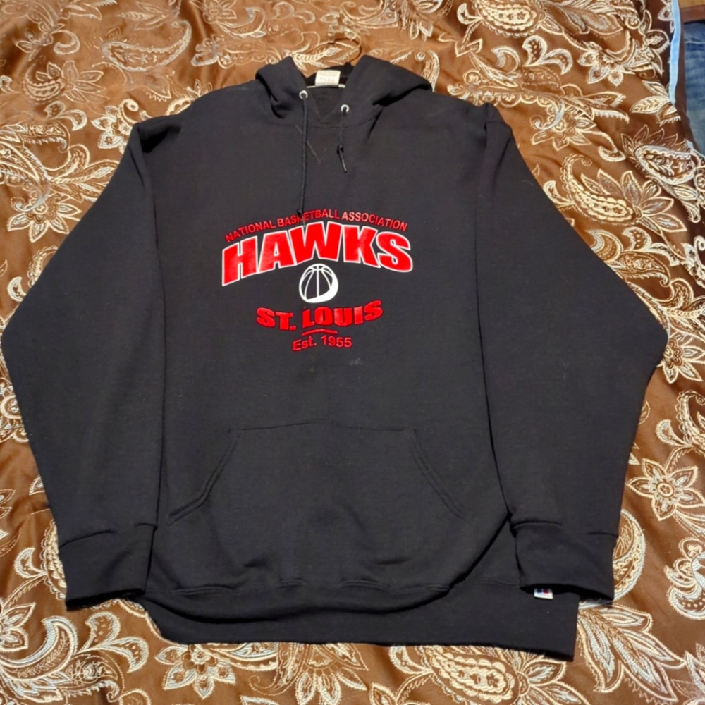 1955 St Louis Hawks Basketball Club black hoodie sized 3XL by Russell Athletic